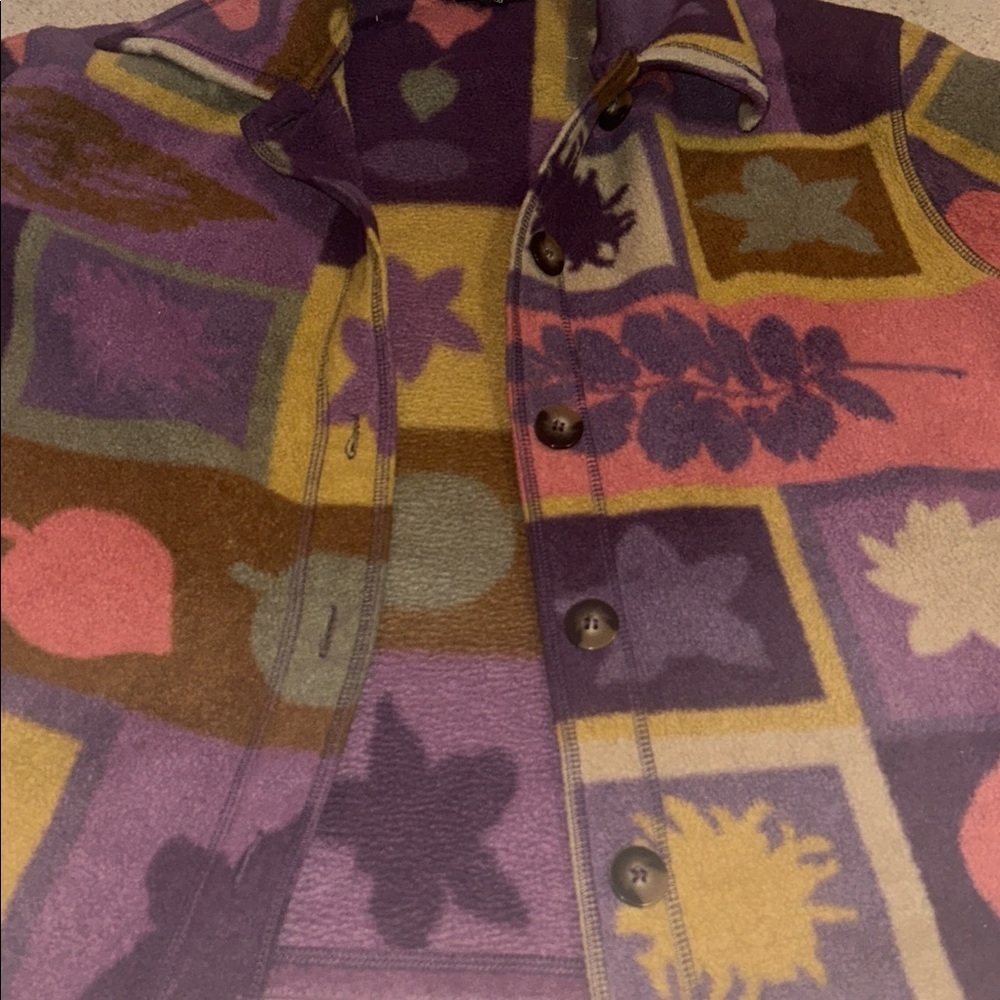 Colorful Patchwork Art Fleece button Jacket funky groovy nature leaves stars - Picture 4 of 5